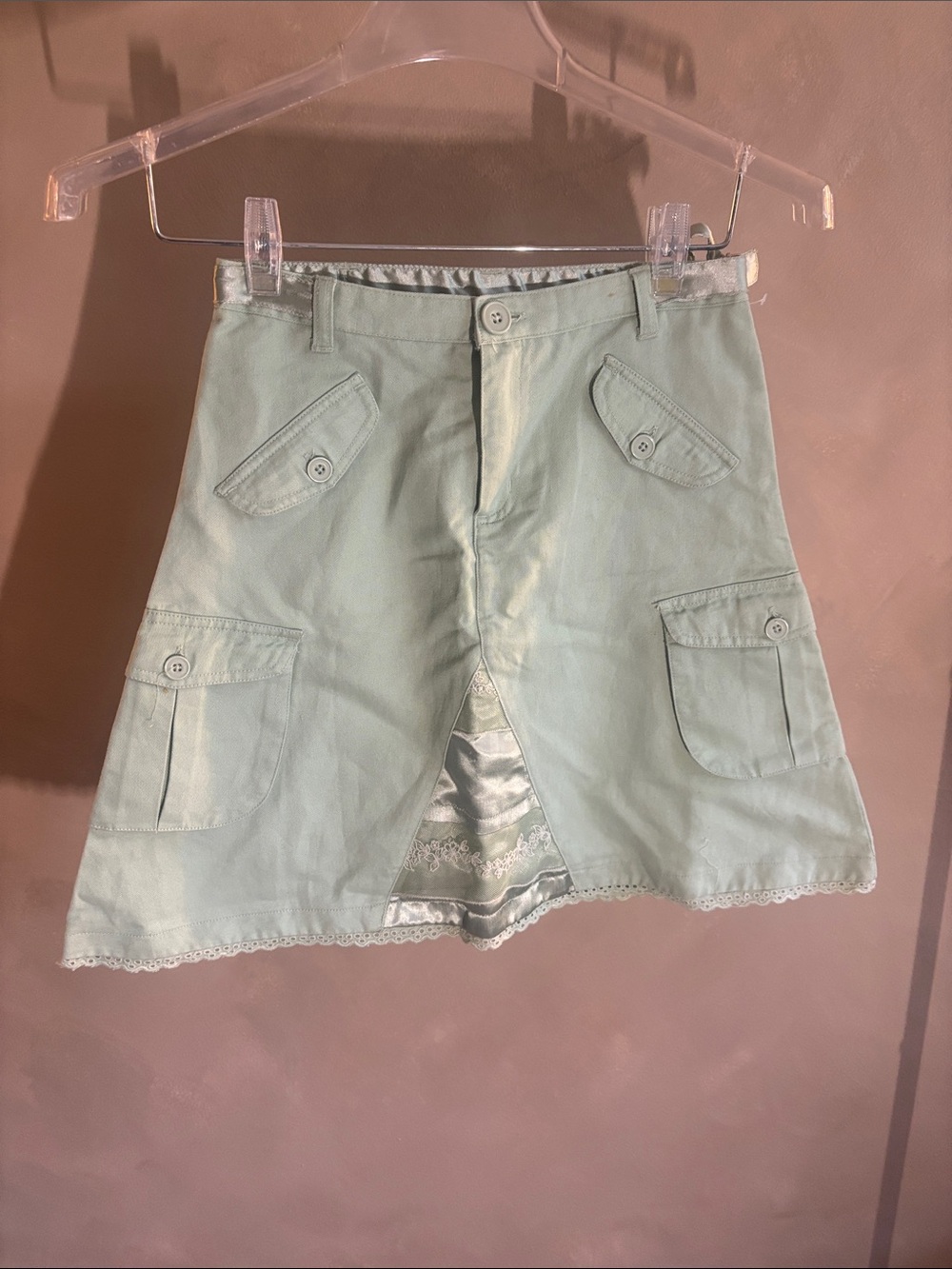 A-Line Cargo Skirt in Sage Green with Lace Inset